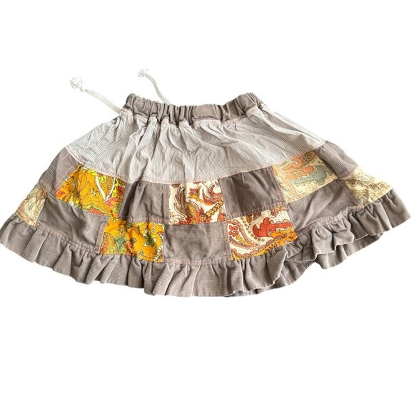 Vintage Girls Patchwork Corduroy Elastic Waist Skirt With Ruffles & Drawstring - Picture 1 of 4